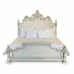 Ornate Carved Solid Wood Bed Frame with Antique White Finish