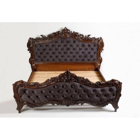 Luxurious Carved Wood Bed Set with Tufted Upholstery and Nightstands