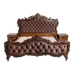 Luxurious Carved Wood Bed Set with Tufted Upholstery and Nightstands