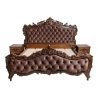 Luxurious Carved Wood Bed Set with Tufted Upholstery and Nightstands