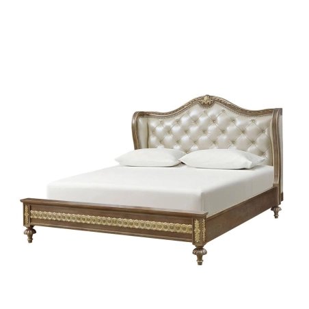 Luxury Classic Carved Wood Bed with Tufted Fabric Headboard and Gold Finish