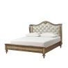 Luxury Classic Carved Wood Bed with Tufted Fabric Headboard and Gold Finish