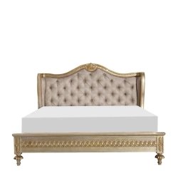 Luxury Classic Carved Wood Bed with Tufted Fabric Headboard and Gold Finish