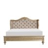 Luxury Classic Carved Wood Bed with Tufted Fabric Headboard and Gold Finish