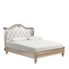 Luxury Classic Carved Wood Bed with Tufted Fabric Headboard and Gold Finish