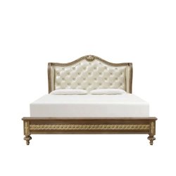 Luxury Classic Carved Wood Bed with Tufted Fabric Headboard and Gold Finish
