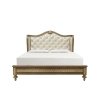 Luxury Classic Carved Wood Bed with Tufted Fabric Headboard and Gold Finish