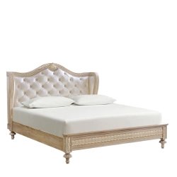 Luxury Classic Carved Wood Bed with Tufted Fabric Headboard and Gold Finish