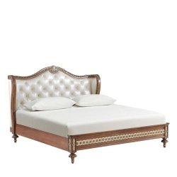 Luxury Classic Carved Wood Bed with Tufted Fabric Headboard and Gold Finish