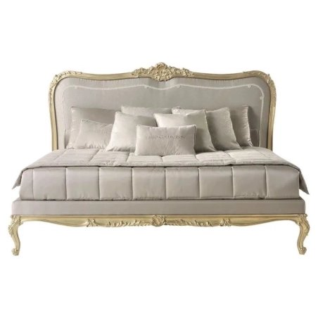 Classic Gold Gilt Carved Wood Bed with Upholstered Headboard
