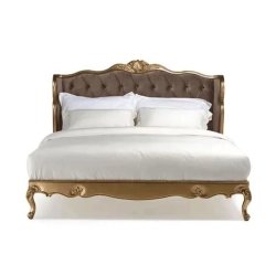 Classic Ornate Gold Wood Bed Frame with Tufted Headboard