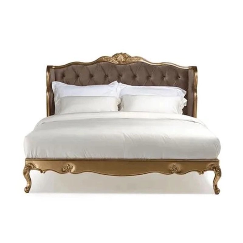 Classic Ornate Gold Wood Bed Frame with Tufted Headboard Classic Ornate Gold Wood Bed Frame with Tufted Headboard