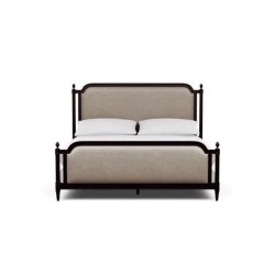 Classic Beige Upholstered Platform Bed with Dark Wood Frame