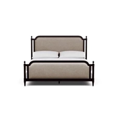 Classic Beige Upholstered Platform Bed with Dark Wood Frame