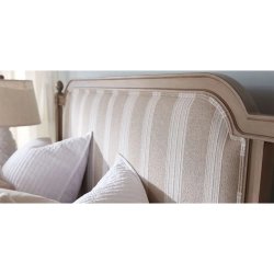 Classic Beige Upholstered Platform Bed with Dark Wood Frame