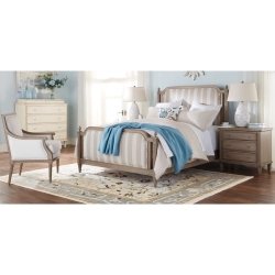Classic Beige Upholstered Platform Bed with Dark Wood Frame