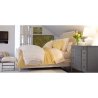 Classic Beige Upholstered Platform Bed with Dark Wood Frame