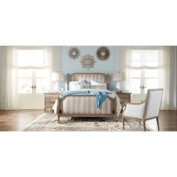 Classic Beige Upholstered Platform Bed with Dark Wood Frame