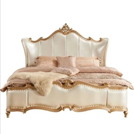 Luxury Upholstered Classic Bed with Ornate Gold Carving