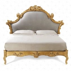 Luxury Classic Gold Carved Wood Bed with Grey Upholstered Headboard King Size