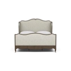 Elegant Upholstered Bed Frame with Carved Wood Accents
