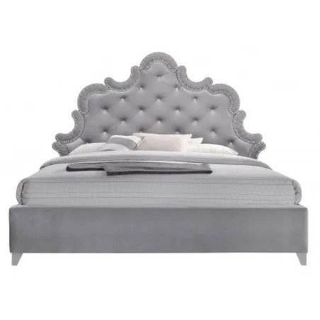 Luxury Grey Velvet Tufted Platform Bed with Ornate Headboard