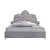 Luxury Grey Velvet Tufted Platform Bed with Ornate Headboard