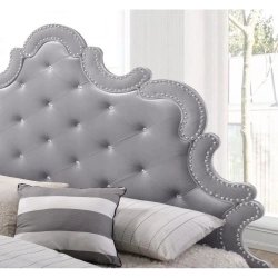 Luxury Grey Velvet Tufted Platform Bed with Ornate Headboard