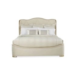 Elegant Cream Upholstered Platform Bed with Tufted Headboard and Gold Trim