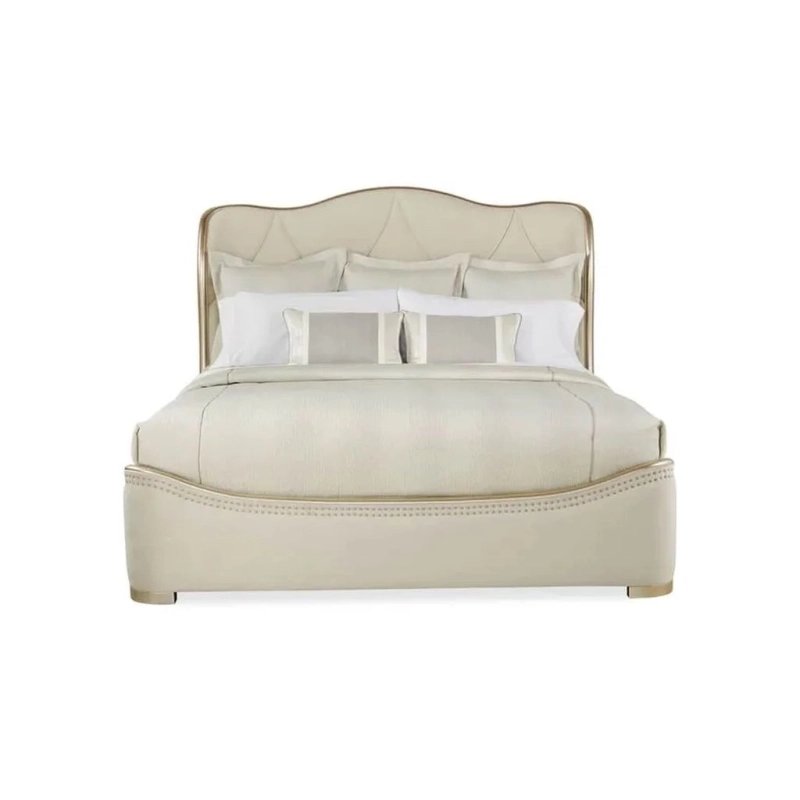 Elegant Cream Upholstered Platform Bed with Tufted Headboard and Gold Trim Elegant Cream Upholstered Platform Bed with Tufted Headboard and Gold Trim