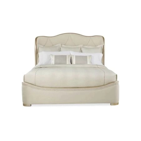 Elegant Cream Upholstered Platform Bed with Tufted Headboard and Gold Trim