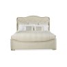 Elegant Cream Upholstered Platform Bed with Tufted Headboard and Gold Trim