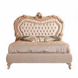 Classic Carved Luxury Upholstered Bed Frame with Ornate Headboard