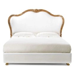 Classic Baroque White Upholstered Bed with Gold Leaf Carving