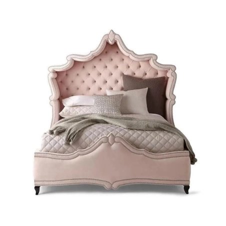 Pink Upholstered Tufted Bed with Nailhead Trim Ornate Headboard