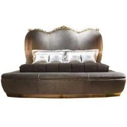 Opulent Classic Grey Fabric Lounge Sofa with Ornate Gold Trim Headboard