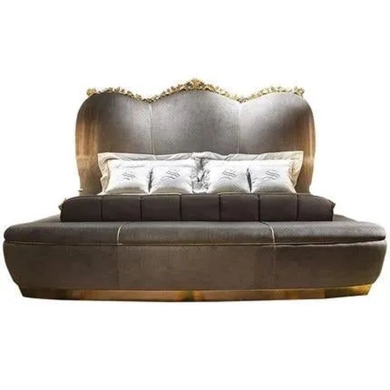 Opulent Classic Grey Fabric Lounge Sofa with Ornate Gold Trim Headboard Opulent Classic Grey Fabric Lounge Sofa with Ornate Gold Trim Headboard