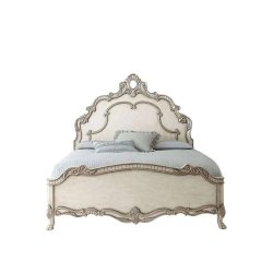 Luxury Classic Carved Wood Bed Frame with Distressed White Finish