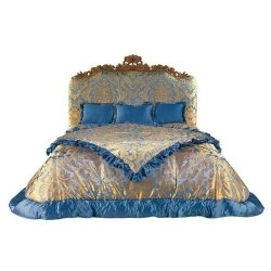 Luxury Classic European Baroque King Size Bed Blue Gold Damask Upholstery Ornate Wood Carving