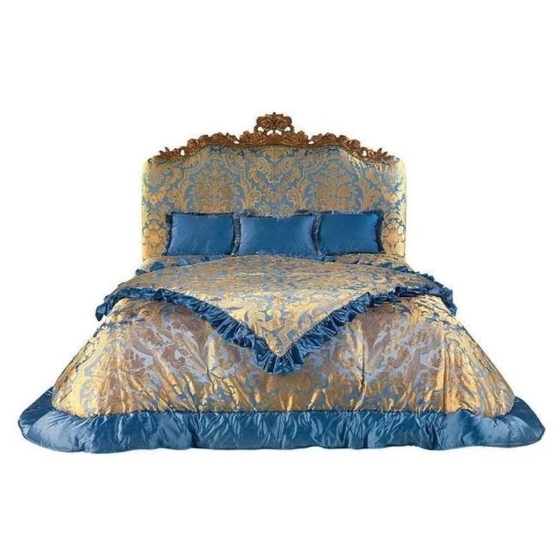 Luxury Classic European Baroque King Size Bed Blue Gold Damask Upholstery Ornate Wood Carving Luxury Classic European Baroque King Size Bed Blue Gold Damask Upholstery Ornate Wood Carving