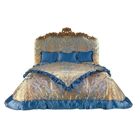 Luxury Classic European Baroque King Size Bed Blue Gold Damask Upholstery Ornate Wood Carving