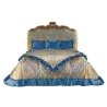 Luxury Classic European Baroque King Size Bed Blue Gold Damask Upholstery Ornate Wood Carving