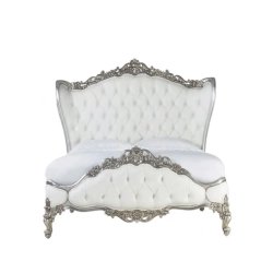 Exquisite White Tufted Upholstered Bed with Silver Carved Details