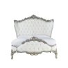 Exquisite White Tufted Upholstered Bed with Silver Carved Details