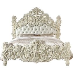 Luxury White Carved Wood King Bed Frame with Tufted Headboard Classic European Style
