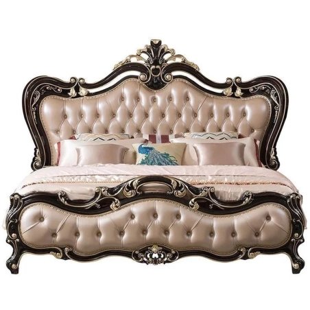 Luxury Classic Tufted Upholstered Bed with Ornate Wood Frame