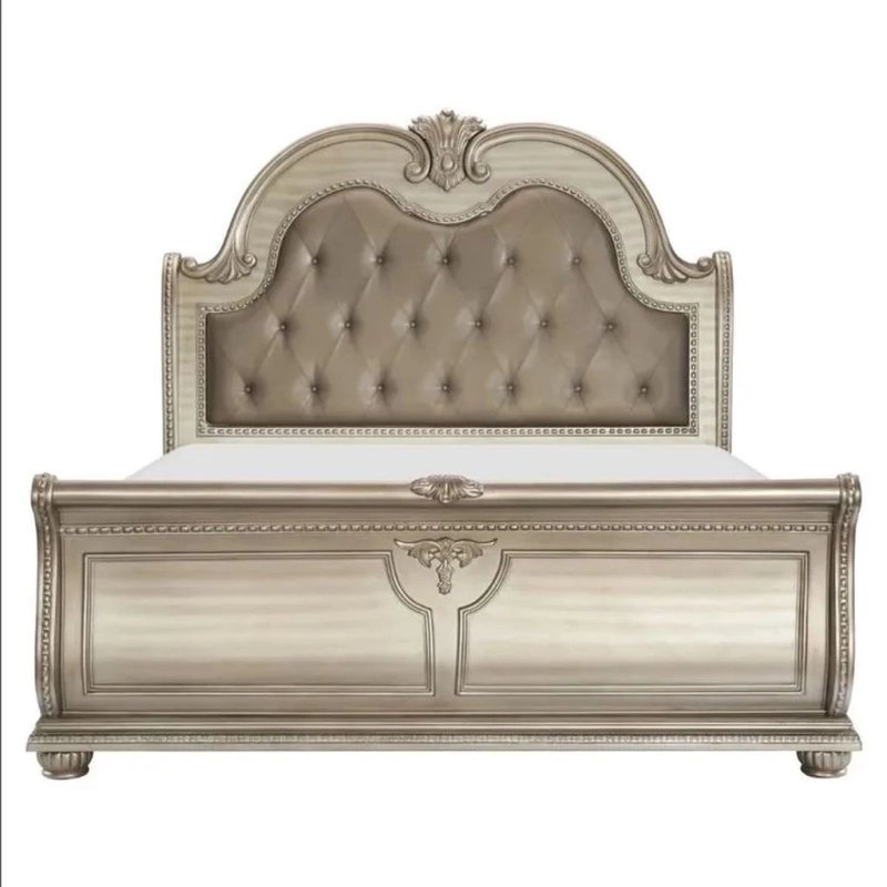 Classic European Sleigh Bed with Tufted Headboard and Silver Finish Classic European Sleigh Bed with Tufted Headboard and Silver Finish