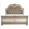 Classic European Sleigh Bed with Tufted Headboard and Silver Finish