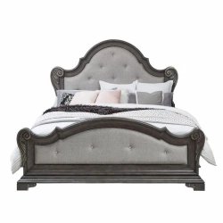 Classic Upholstered Panel Bed Frame with Wood Carvings