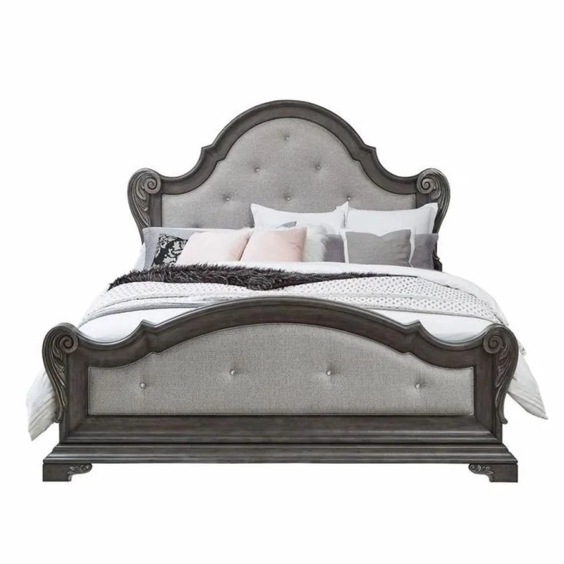 Classic Upholstered Panel Bed Frame with Wood Carvings Classic Upholstered Panel Bed Frame with Wood Carvings